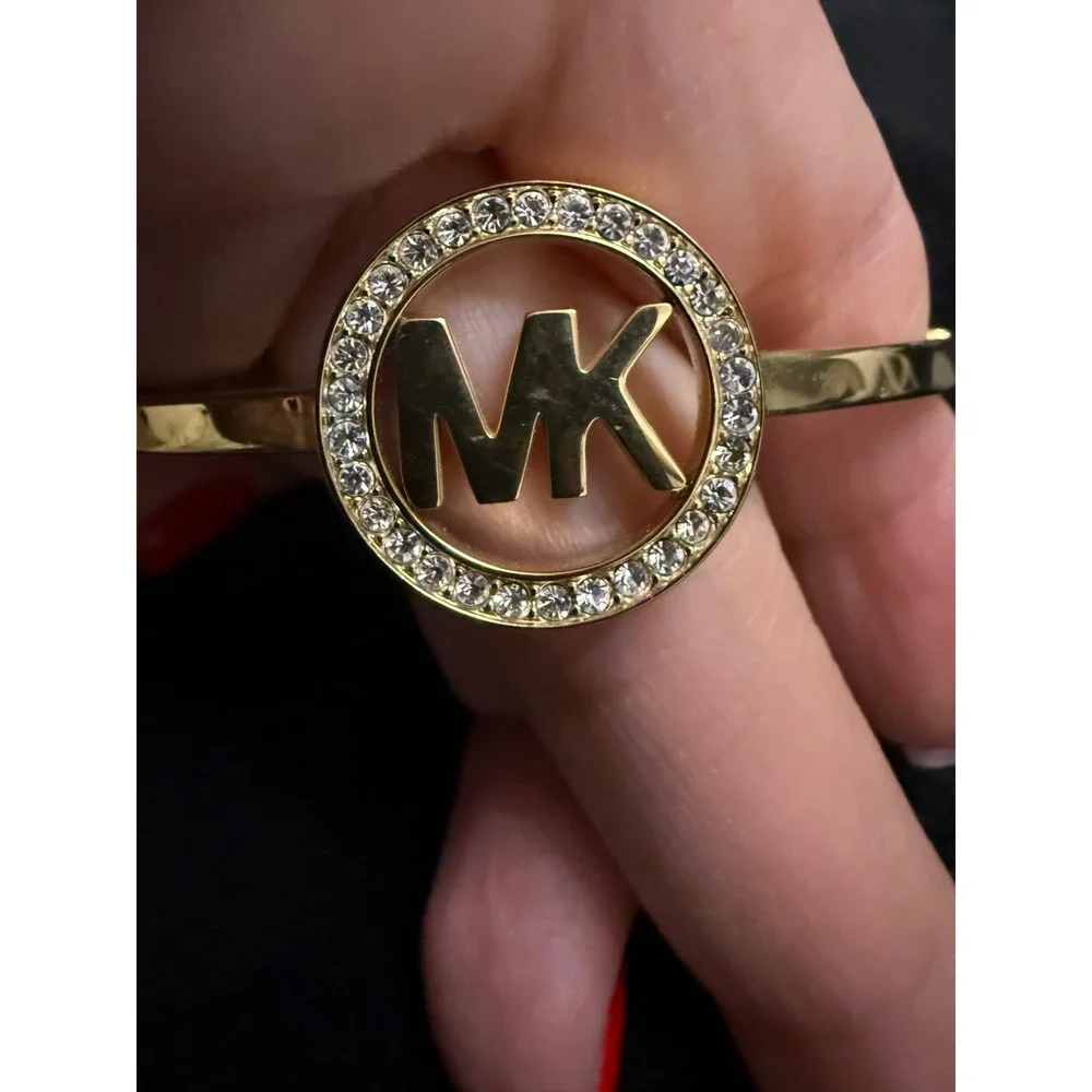 Michael Kors Gold Tone Pave MK Logo Hinge Bangle Bracelet